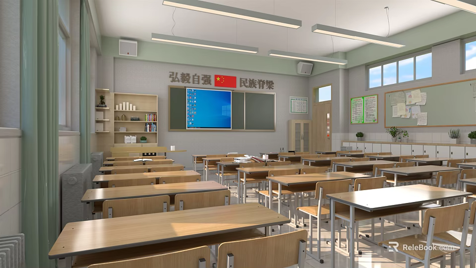 School Classroom Interior With Desks Chairs Blackboard Digital Screen And Windows 3d model