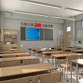 School Classroom Interior With Desks Chairs Blackboard Digital Screen And Windows 3d model