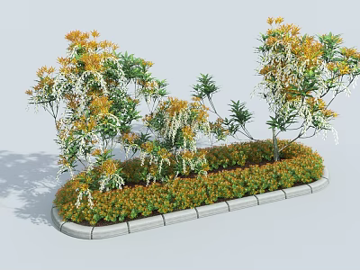 Colorful Garden Bushes With Green Yellow Foliage And White Flowers In Circular Stone Border Bed 3d model