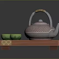 Traditional Patterned Teapot With Wooden Handle And Green Teacups On Red Wooden Tray