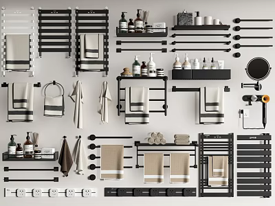 Stylish Bathroom Accessories Collection Including Towel Racks Shelves Towels And Toiletries 3d model