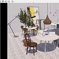 Modern Stylish Dining Chairs With Wooden Marble Tables Pendant Lights And Decorative Paintings