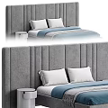 Modern Double Bed With Upholstered Vertical Tufted Headboard White Pillows And Bedside Table 3d model