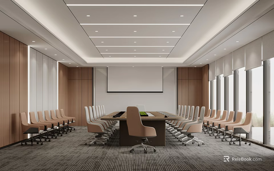Modern Conference Room With Long Table Multiple Chairs Projection Screen And Wooden Walls 3d model 