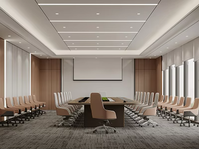Modern Conference Room With Long Table Multiple Chairs Projection Screen And Wooden Walls 3d model