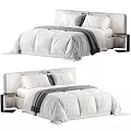 Minimalist Double Bed With White Bedding Gray Striped Blanket And Upholstered Headboard
