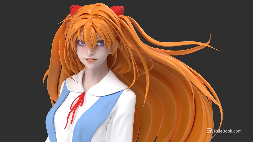 Game Movie Character with long orange hair red horns blue eyes in blue white outfit 3d model 