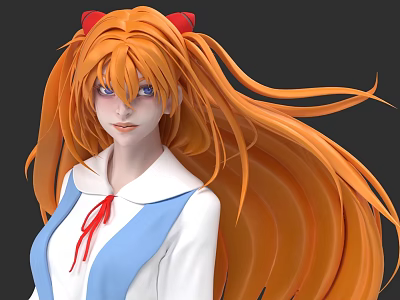 Game Movie Character with long orange hair red horns blue eyes in blue white outfit 3d model