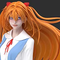 Game Movie Character with long orange hair red horns blue eyes in blue white outfit