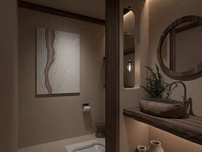 Modern Public Restroom Design With Wooden Washbasin Round Mirror And Potted Plant 3d model