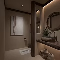 Modern Public Restroom Design With Wooden Washbasin Round Mirror And Potted Plant