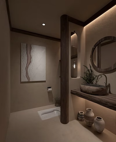 Modern Public Restroom Design With Wooden Washbasin Round Mirror And Potted Plant 3d model