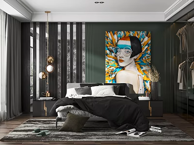 Modern Luxury Bedroom Interior With Large Colorful Artwork Black Bed And Gold Pendant Lights 3d model