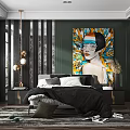 Modern Luxury Bedroom Interior With Large Colorful Artwork Black Bed And Gold Pendant Lights