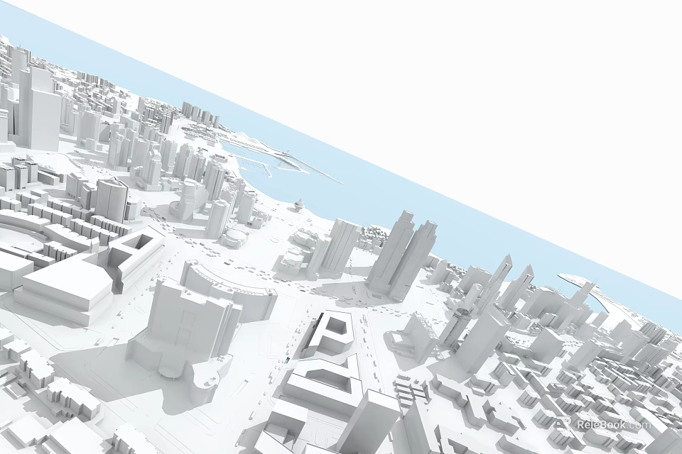 3D Model City With White Buildings and Seaside Landscape Design View 3d model 