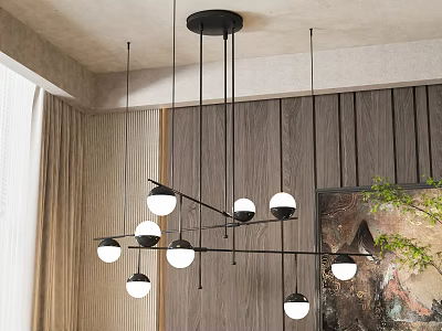 Modern Black Metal Chandelier With Multiple Globe Lights In Wooden Wall Interior 3d model