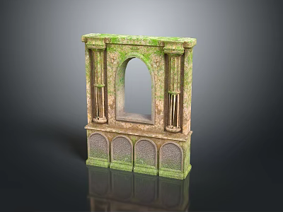 Scenic Ancient Stone Structure Covered With Green Moss Arched Window And Columns 3d model