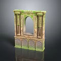 Scenic Ancient Stone Structure Covered With Green Moss Arched Window And Columns