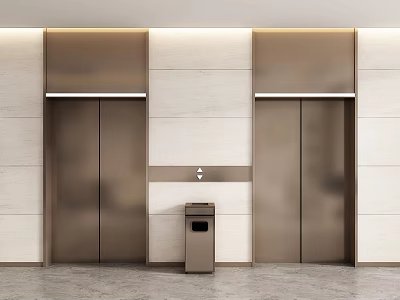 Modern Elevator Lobby With Two Metal Doors Light Colored Walls And Trash Bin 3d model