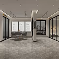 Modern Interior Design Of Spacious Corridor With Marble Floor Glass Partition And Decorative Painting