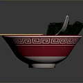 Red Ramen Bowl with Sliced Meat Soft Boiled Eggs Nori Green Herbs Chopsticks and Spoon