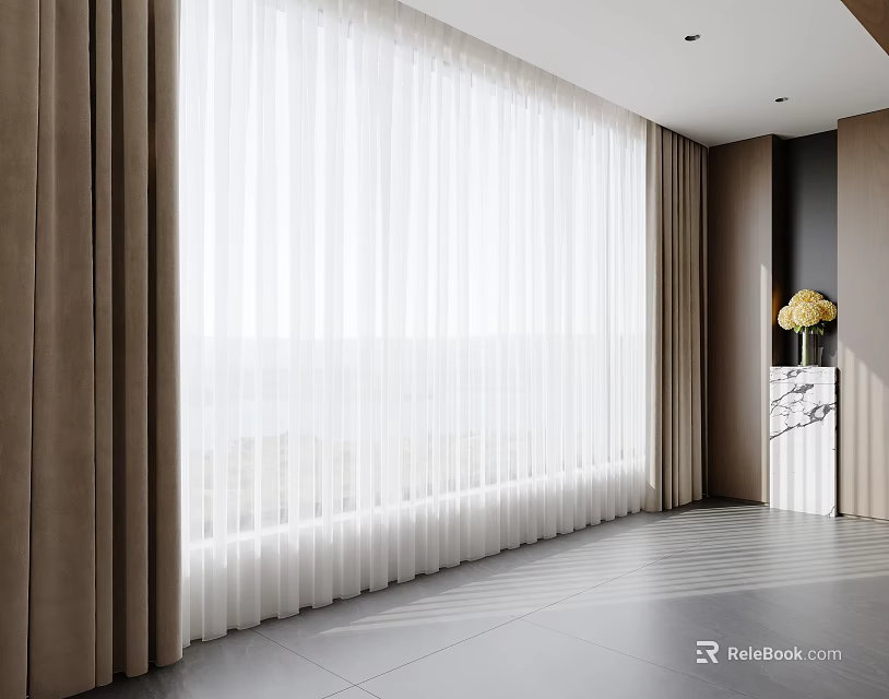 White Sheer Curtains And Thick Brown Drapes In Modern Bright Room With Marble Countertop Vase 3d model 