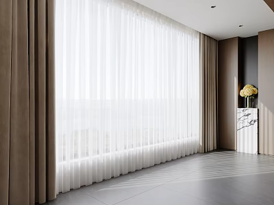 White Sheer Curtains And Thick Brown Drapes In Modern Bright Room With Marble Countertop Vase 3d model