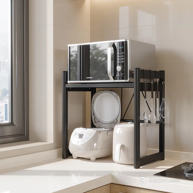 Black Storage Shelf Holding Microwave Oven Rice Cooker And Electric Kettle In Kitchen 3d model 