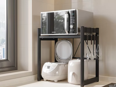 Black Storage Shelf Holding Microwave Oven Rice Cooker And Electric Kettle In Kitchen 3d model