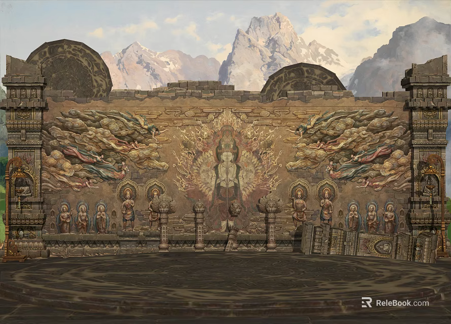 Traditional Scenic Wall With Intricate Dragon Carvings And Central Buddha Statue 3d model 
