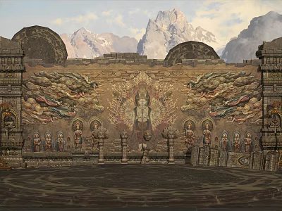 Traditional Scenic Wall With Intricate Dragon Carvings And Central Buddha Statue 3d model