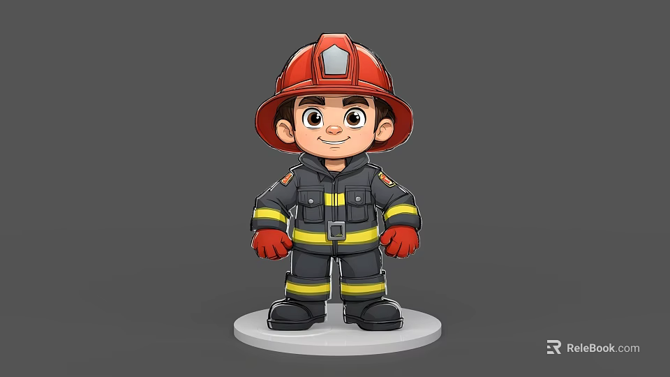 Cartoon Firefighter Game Character Wearing Red Helmet Black Uniform With Yellow Stripes 3d model 