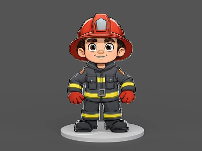 Cartoon Firefighter Game Character Wearing Red Helmet Black Uniform With Yellow Stripes 3d model