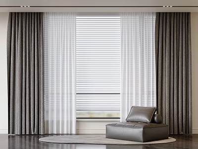 Gray And White Curtains With Blinds In Modern Living Room Interior 3d model