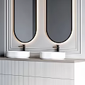 Modern Bathroom Vanity With Double Round Sinks Illuminated Oval Mirrors And Striped Cabinet