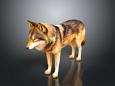 Realistic 3D Wolf Model in Standing Pose With Dark Background Reflection 3d model