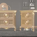 Classic European Style Bedside Tables With Gold Accents And Carved Drawers