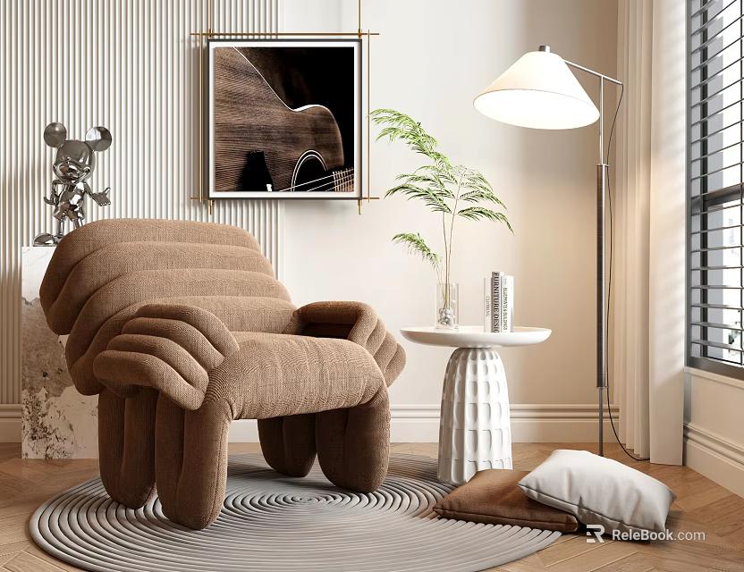 Brown Accent Chair With Plush Pleated Design Near Floor Lamp Artwork And Round Side Table 3d model 
