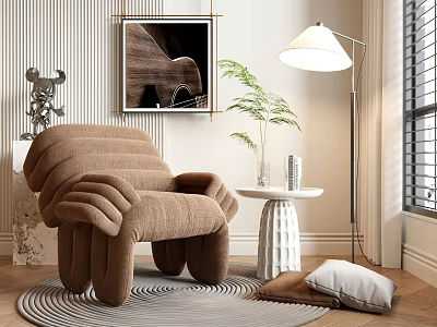 Brown Accent Chair With Plush Pleated Design Near Floor Lamp Artwork And Round Side Table 3d model