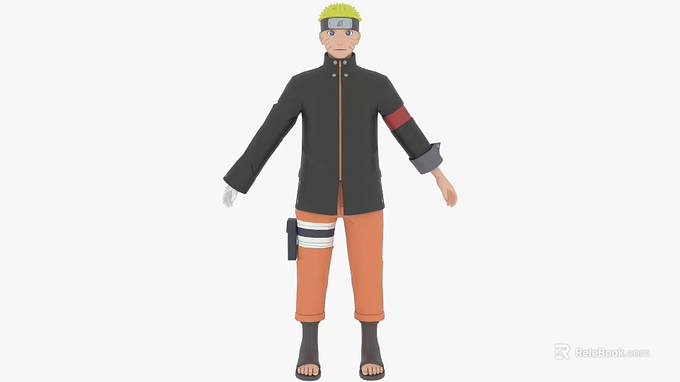 Anime Style Game Character With Yellow Headband Black Coat And Orange Pants 3d model 