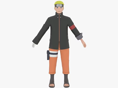 Anime Style Game Character With Yellow Headband Black Coat And Orange Pants 3d model