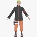 Anime Style Game Character With Yellow Headband Black Coat And Orange Pants