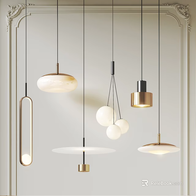 Modern Pendant Lights with Diverse Shapes and Gold White Metallic Accents 3d model 