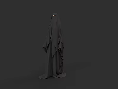 Woman Standing in Black Abaya with Only Eyes Visible Against Solid Black Background 3d model