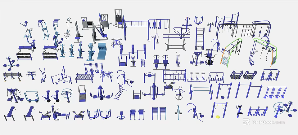 Various Sports Equipment Including Fitness Machines Outdoor Gear And Training Tools 3d model 