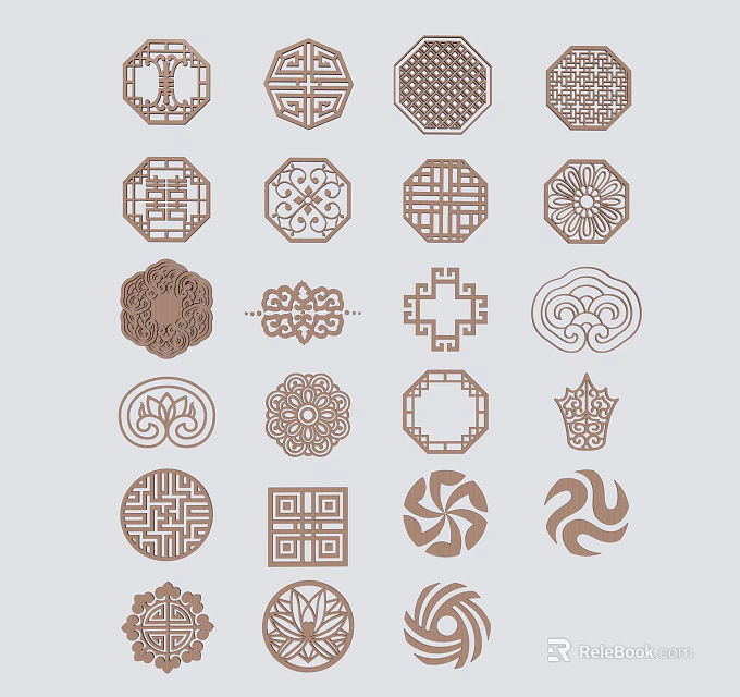 Traditional Carved Window Patterns With Various Shapes Geometric And Floral Designs 3d model 