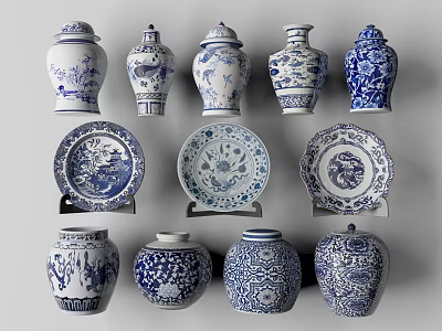 Blue and White Ornate Ceramic Wares Including Vases Plates and Jars 3d model
