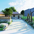 Traditional Country Courtyard With Yellow House Gray Roof Lush Garden Plants Trees And Stone Path