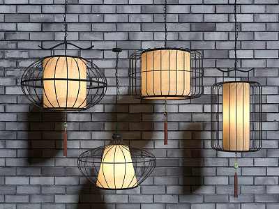 Modern Pendant Lights with Black Cage Frames Cream Shades and Tassels on Gray Brick Wall 3d model