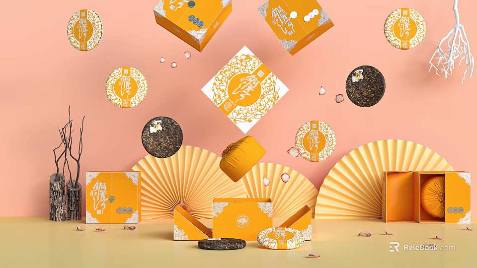 Elegant Decorative Ornament Set With Golden Pattern Gift Boxes Fans And Circular Decorations 3d model 